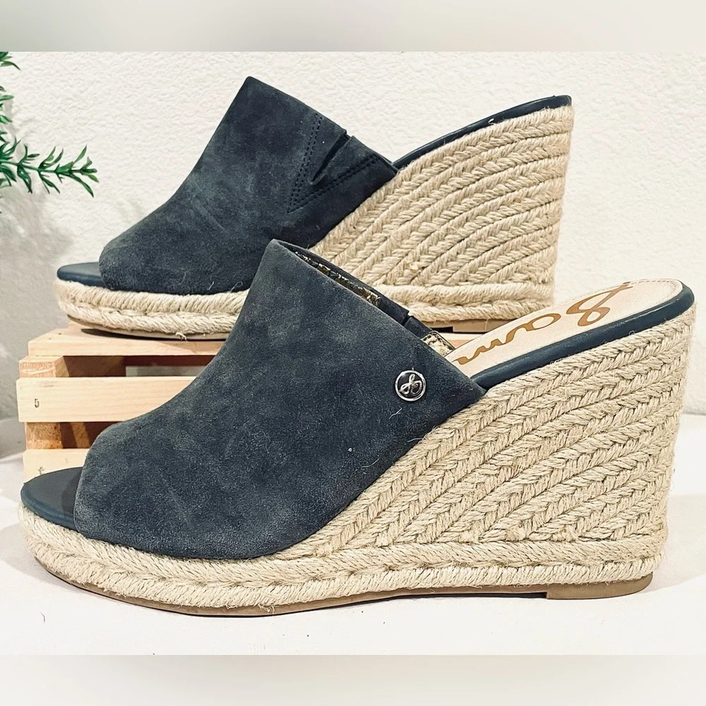 💥3/$50 Sam Edelman “BONNIE” Espadrille Navy Blue Suede Jute Wedge Sandals | GUC